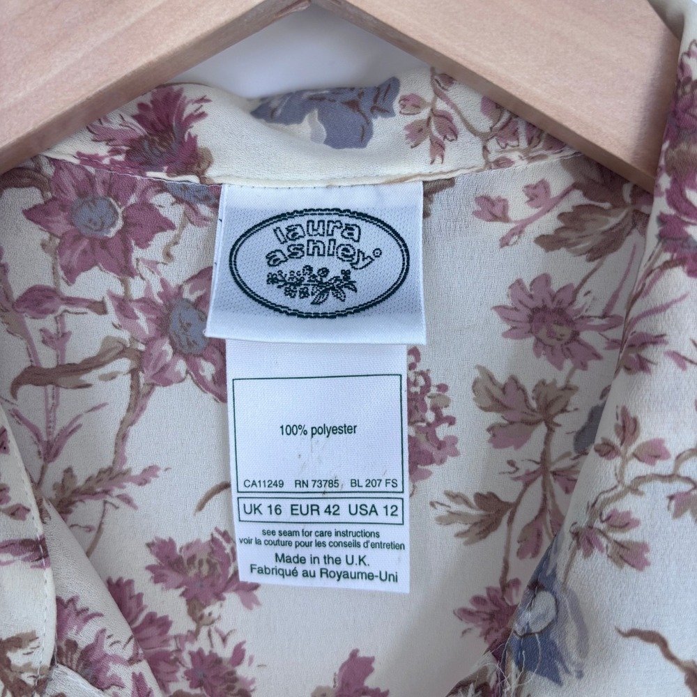 VTG Laura Ashley Blouse Womens 12 Cream Floral Short Sleeve‎ Button Up UK Made - Picture 2 of 6